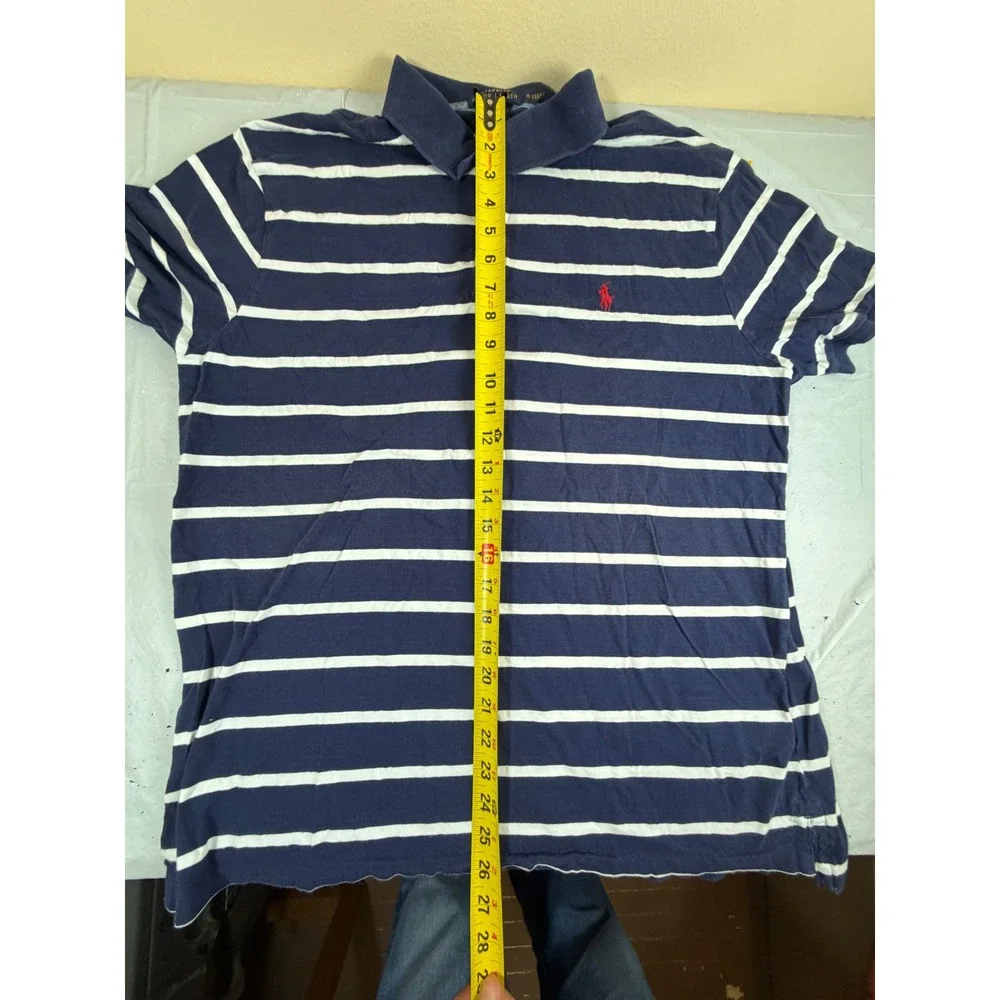 Polo Ralph‎ Lauren Mens XL Custom Slim Fit Striped Polo Shirt Navy Blue White
